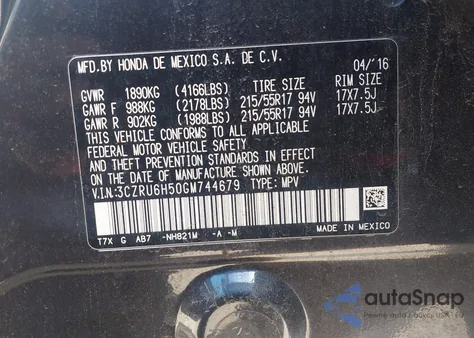 2016 Honda Hr-V Ex z USA, uszkodzony, nr VIN 3CZRU6H50GM744679